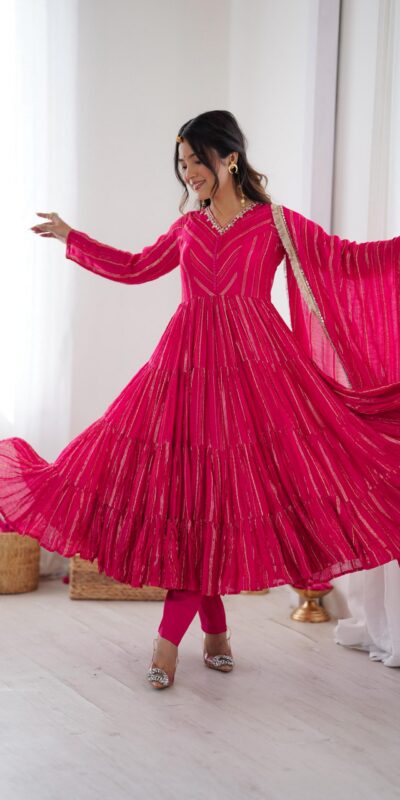 Pink Mal Chanderi Mirror Lace Work Gown | Gowns, Bollywood Gowns, Creative Gowns, Designer Gowns, Embroidered Gowns, Party Wear Gowns