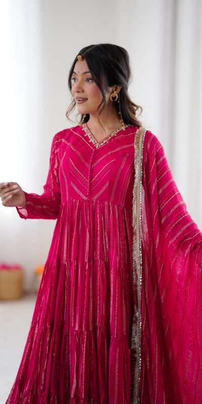Pink Mal Chanderi Mirror Lace Work Gown | Gowns, Bollywood Gowns, Creative Gowns, Designer Gowns, Embroidered Gowns, Party Wear Gowns