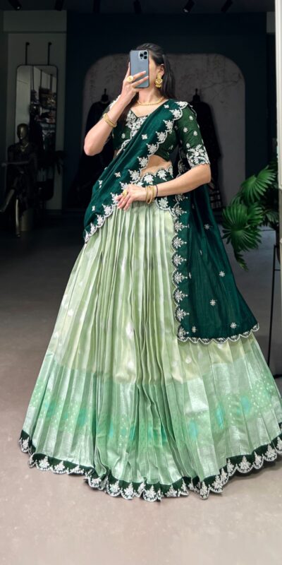 Pista Zari Kota Thread Lehenga Choli | Lehenga, Bollywood Lehenga, Creative Lehenga, Designer Lehenga, Embroidered Lehenga, Party Wear Lehenga