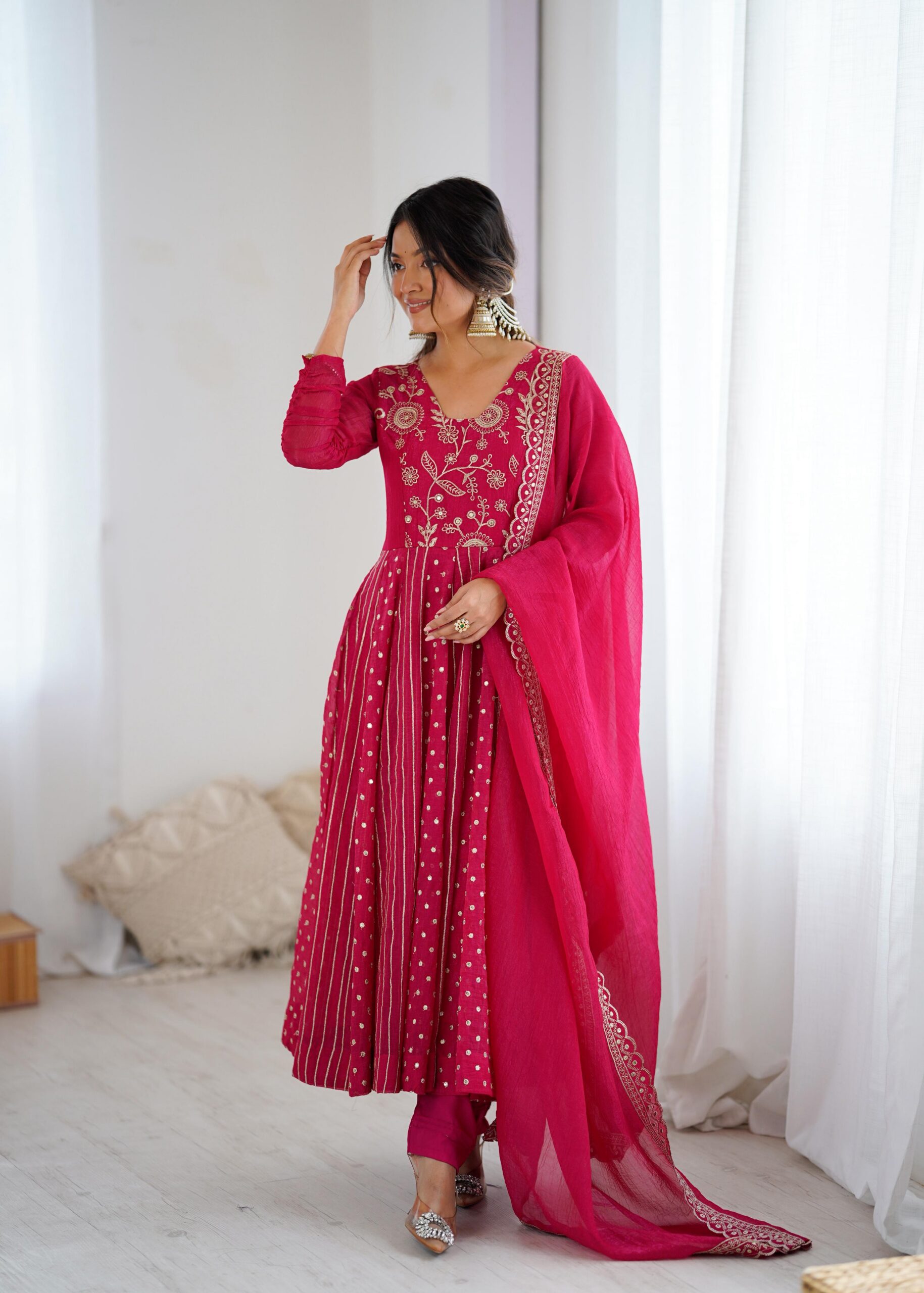 Pretty Pink Crunchy Silk Sequence Anarkali Gown | Gowns, Bollywood Gowns, Creative Gowns, Designer Gowns, Embroidered Gowns, Party Wear Gowns