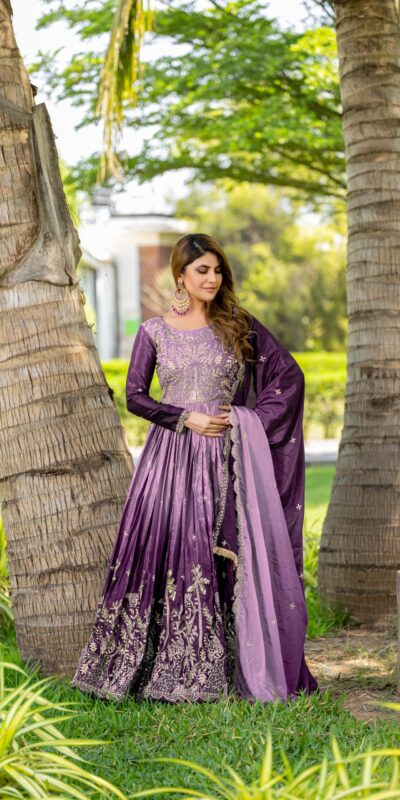 Purple Chinon Sequence Embroidery Work Gown | Gowns, Bollywood Gowns, Creative Gowns, Designer Gowns, Embroidered Gowns, Party Wear Gowns, Straight Suits