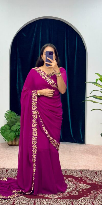 Purple Faux Georgette Embroidery Work Border Stitched Saree-Gown | Gowns, Bollywood Gowns, Creative Gowns, Designer Gowns, Embroidered Gowns, Party Wear Gowns, Straight Suits