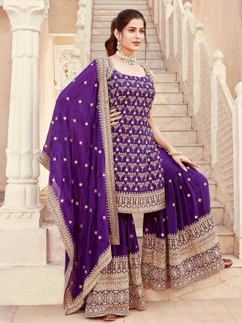 Purple Faux Georgette thread Lace Work Salwar Suit | Jump Suits, Salwar suit, Casual Suits, Creative suits, Designer Suits, Palazzo Suits, Party Wear Suits, Patiala Suits, Straight Suits