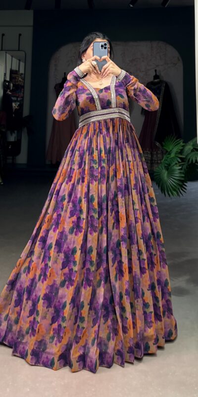Purple Georgette Floral Gown | Gowns, Bollywood Gowns, Creative Gowns, Designer Gowns, Embroidered Gowns, Party Wear Gowns