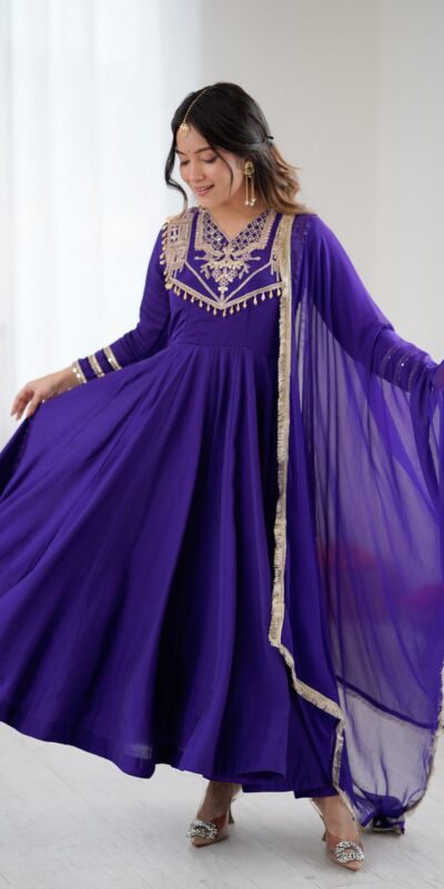 Purple Roman Silk Lace Work Border Gown | Gowns, Bollywood Gowns, Creative Gowns, Designer Gowns, Embroidered Gowns, Party Wear Gowns