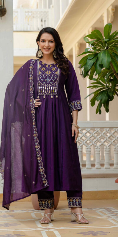 Purple Viscose Roman Silk Mirror Work Anarkali Suit | Anarkali Suits, Bollywood Anarkali, Creative-Anarkali, Designer Anarkali, Embroidered Anarkali, Party Wear Anarkali