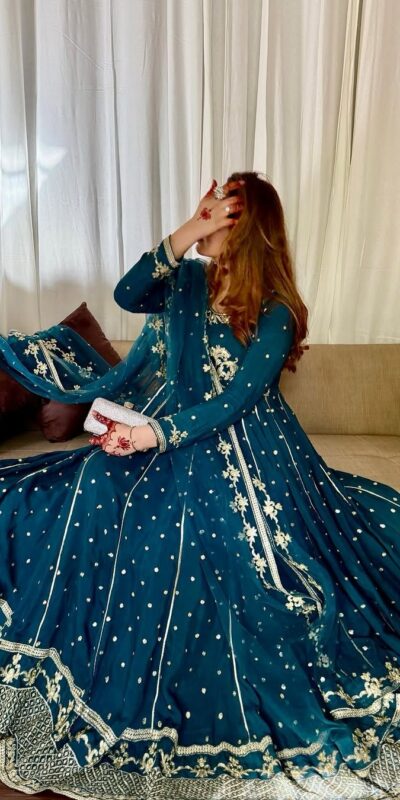 Rama Blue Star Georgette Embroidery Work Gown | Gowns, Bollywood Gowns, Creative Gowns, Designer Gowns, Embroidered Gowns, Party Wear Gowns