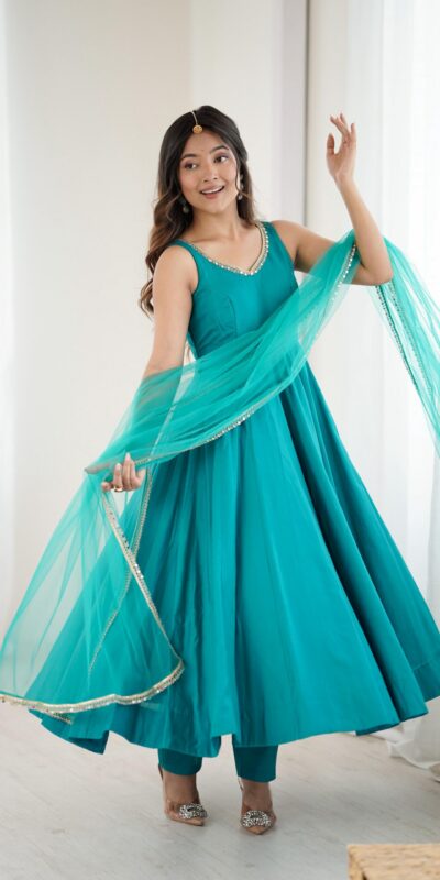 Rama Roman Silk Chanderi Mirror Work Gown | Gowns, Bollywood Gowns, Creative Gowns, Designer Gowns, Embroidered Gowns, Party Wear Gowns
