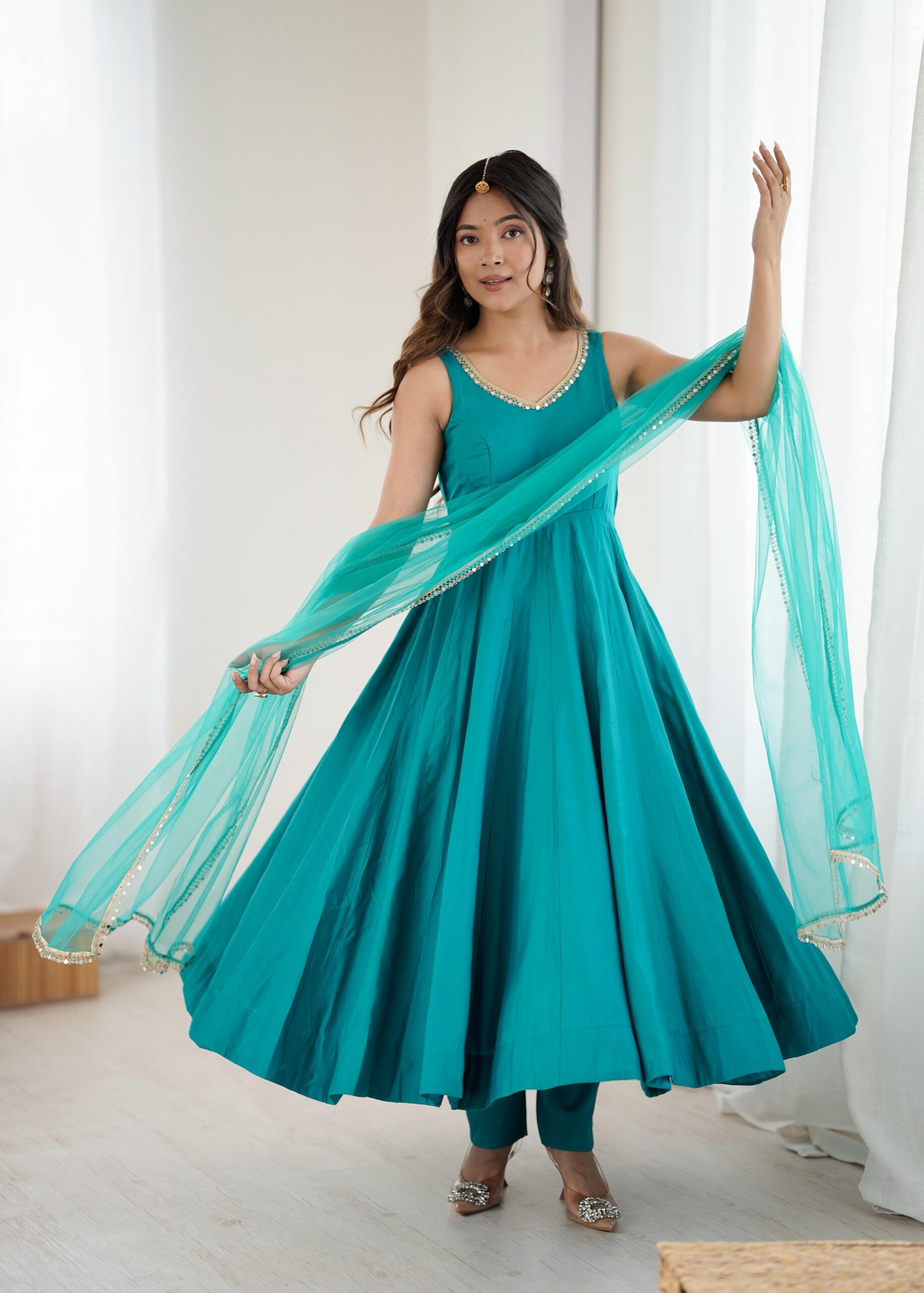Rama Roman Silk Chanderi Mirror Work Gown | Gowns, Bollywood Gowns, Creative Gowns, Designer Gowns, Embroidered Gowns, Party Wear Gowns