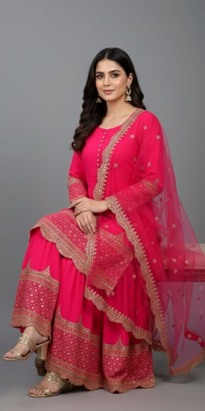 Rani Pink Faux Georgette Embroider Salwar Suit | Jump Suits, Salwar suit, Casual Suits, Creative suits, Designer Suits, Palazzo Suits, Party Wear Suits, Patiala Suits, Straight Suits