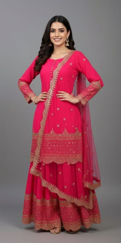 Rani Pink Faux Georgette Embroider Salwar Suit | Jump Suits, Salwar suit, Casual Suits, Creative suits, Designer Suits, Palazzo Suits, Party Wear Suits, Patiala Suits, Straight Suits