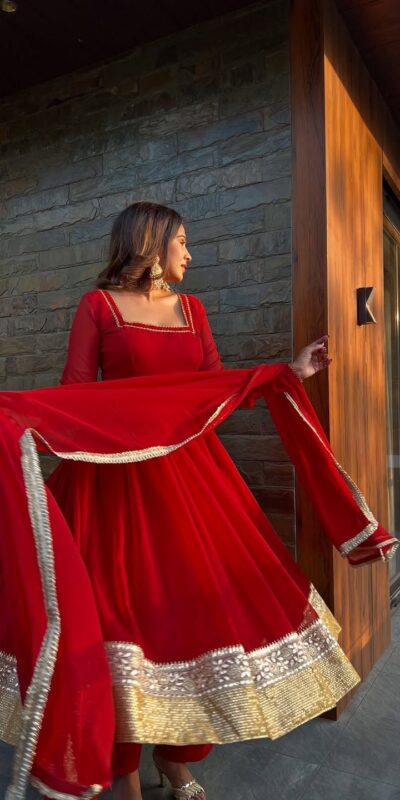 Red Blooming Gorgette Lace Work Salwar Suit | Jump Suits, Salwar suit, Casual Suits, Creative suits, Designer Suits, Palazzo Suits, Party Wear Suits, Patiala Suits, Straight Suits