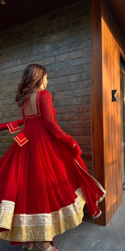 Red Blooming Gorgette Lace Work Salwar Suit | Jump Suits, Salwar suit, Casual Suits, Creative suits, Designer Suits, Palazzo Suits, Party Wear Suits, Patiala Suits, Straight Suits