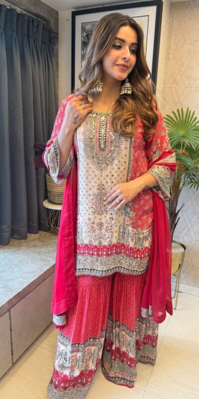 Red Chinon Printed Salwar Suit | Jump Suits, Salwar suit, Casual Suits, Creative suits, Designer Suits, Palazzo Suits, Party Wear Suits, Patiala Suits, Straight Suits