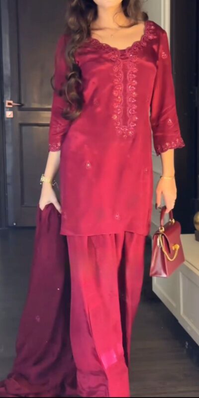 Red Chinon Silk Sequence Work Salwar Suit | Jump Suits, Tops & Bottoms, Track Suits, Salwar suit, Casual Suits, Creative suits, Designer Suits, Palazzo Suits, Party Wear Suits, Patiala Suits, Straight Suits, Trendy Wear
