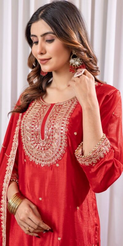 Red Chinon Thread Sequence Work Salwar Suit | Jump Suits, Salwar suit, Casual Suits, Creative suits, Designer Suits, Palazzo Suits, Party Wear Suits, Patiala Suits, Straight Suits