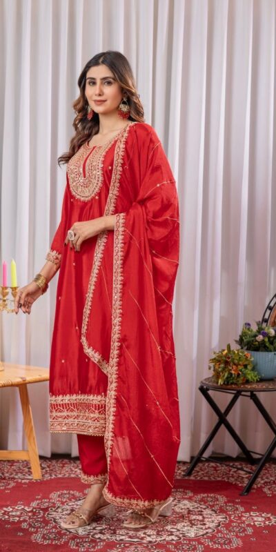 Red Chinon Thread Sequence Work Salwar Suit | Jump Suits, Salwar suit, Casual Suits, Creative suits, Designer Suits, Palazzo Suits, Party Wear Suits, Patiala Suits, Straight Suits
