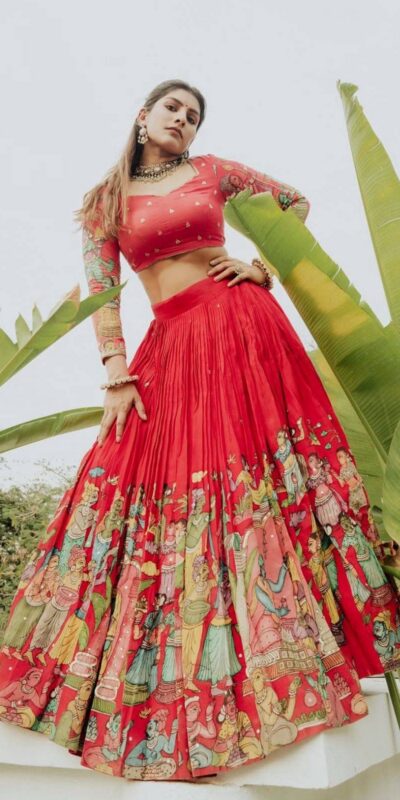 Red Cotton Kalamkari Print Lehenga Choli | Lehenga, Bollywood Lehenga, Creative Lehenga, Designer Lehenga, Embroidered Lehenga, Party Wear Lehenga