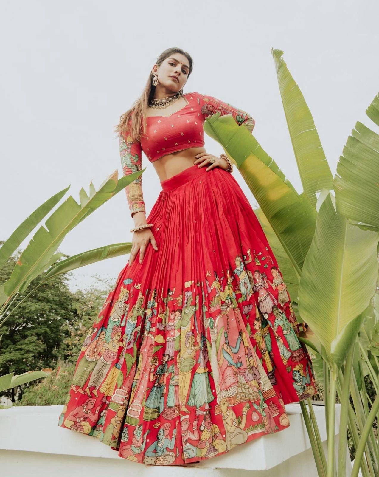 Red Cotton Kalamkari Print Lehenga Choli | Lehenga, Bollywood Lehenga, Creative Lehenga, Designer Lehenga, Embroidered Lehenga, Party Wear Lehenga