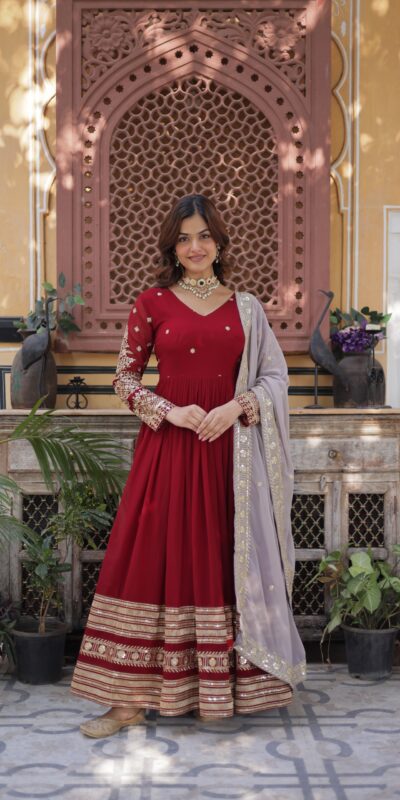 Red Faux Blooming Zari Embroidery Work Gown | Gowns, Bollywood Gowns, Creative Gowns, Designer Gowns, Embroidered Gowns, Party Wear Gowns