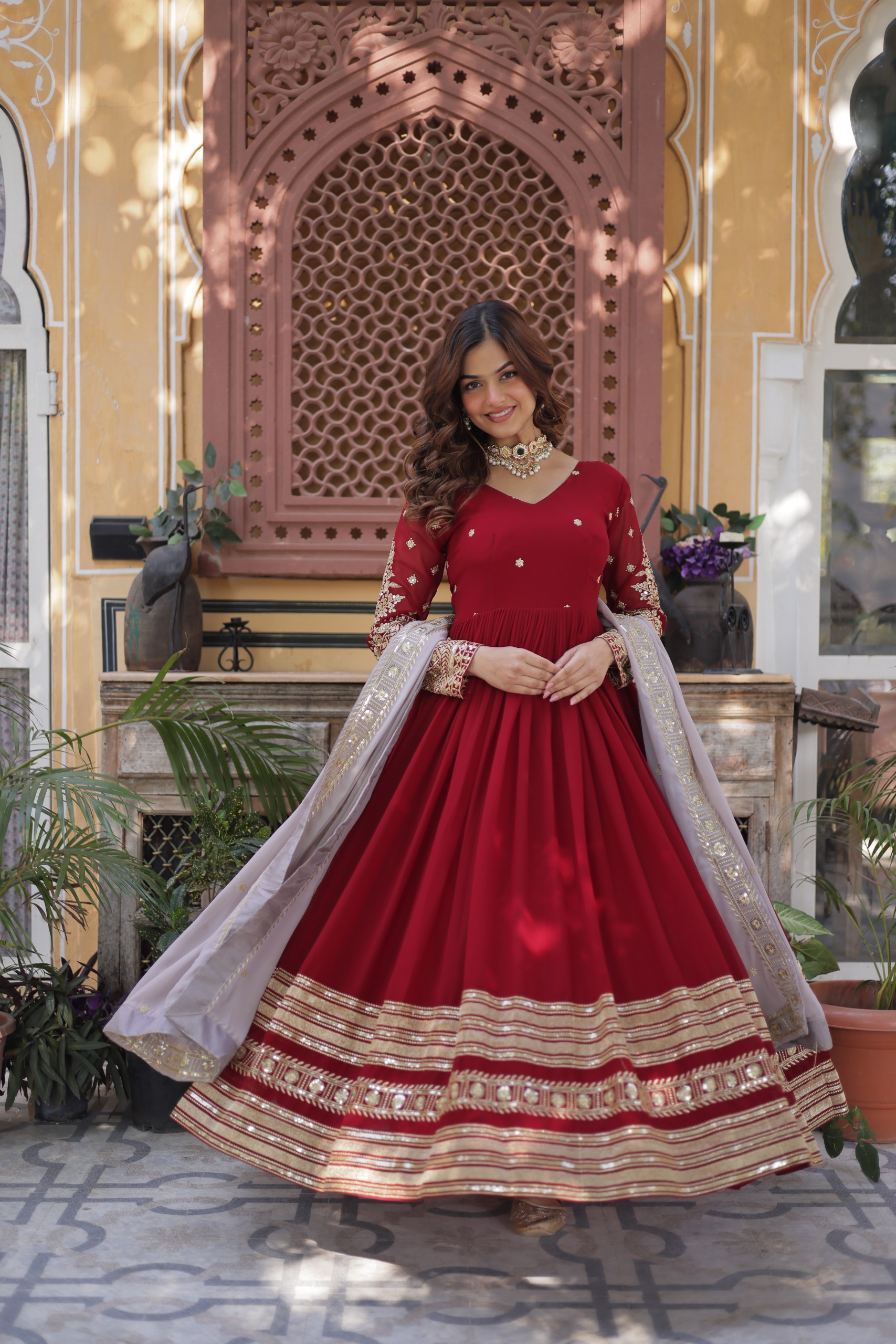 Red Faux Blooming Zari Embroidery Work Gown | Gowns, Bollywood Gowns, Creative Gowns, Designer Gowns, Embroidered Gowns, Party Wear Gowns