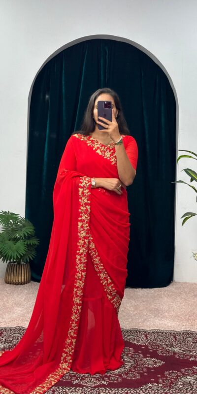 Red Faux Georgette Embroidery Work Border Stitched Saree-Gown | Gowns, Bollywood Gowns, Creative Gowns, Designer Gowns, Embroidered Gowns, Party Wear Gowns, Straight Suits