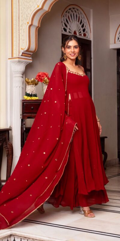 Red Faux Georgette Lace Mirror Work Salwar Suit | Jump Suits, Tops & Bottoms, Track Suits, Salwar suit, Casual Suits, Creative suits, Designer Suits, Palazzo Suits, Party Wear Suits, Patiala Suits, Straight Suits, Trendy Wear