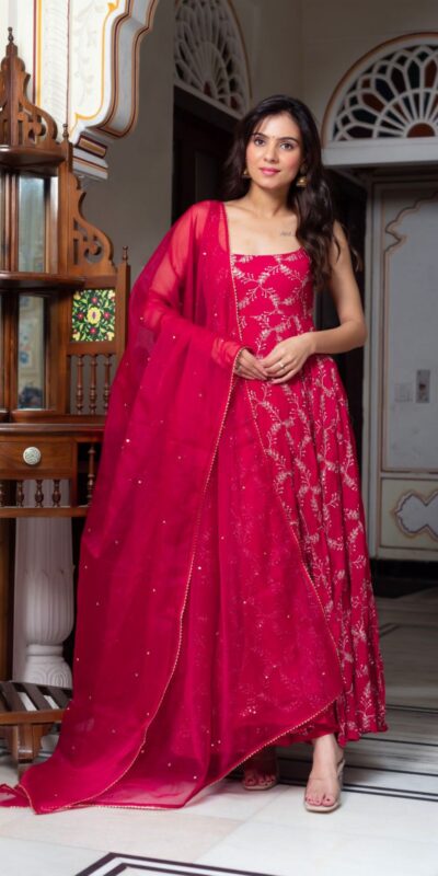 Red Faux Georgette Lace Work Anarkali Suit | Jump Suits, Salwar suit, Casual Suits, Creative suits, Designer Suits, Palazzo Suits, Party Wear Suits, Patiala Suits, Straight Suits