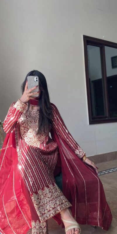 Red Faux Georgette Lace Work Salwar Suit | Jump Suits, Salwar suit, Casual Suits, Creative suits, Designer Suits, Palazzo Suits, Party Wear Suits, Patiala Suits, Straight Suits