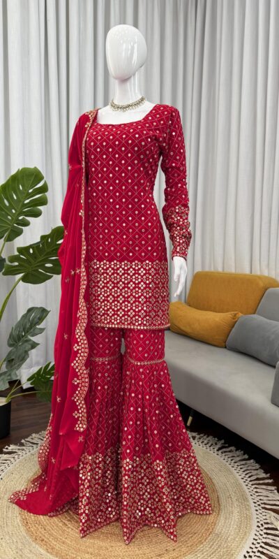 Red Faux Georgette Salwar suit | Jump Suits, Tops & Bottoms, Track Suits, Salwar suit, Casual Suits, Creative suits, Designer Suits, Palazzo Suits, Party Wear Suits, Patiala Suits, Straight Suits, Trendy Wear