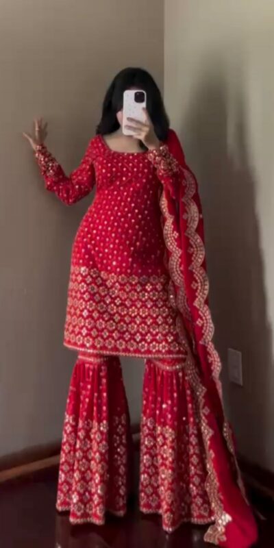 Red Faux Georgette Salwar suit | Jump Suits, Tops & Bottoms, Track Suits, Salwar suit, Casual Suits, Creative suits, Designer Suits, Palazzo Suits, Party Wear Suits, Patiala Suits, Straight Suits, Trendy Wear