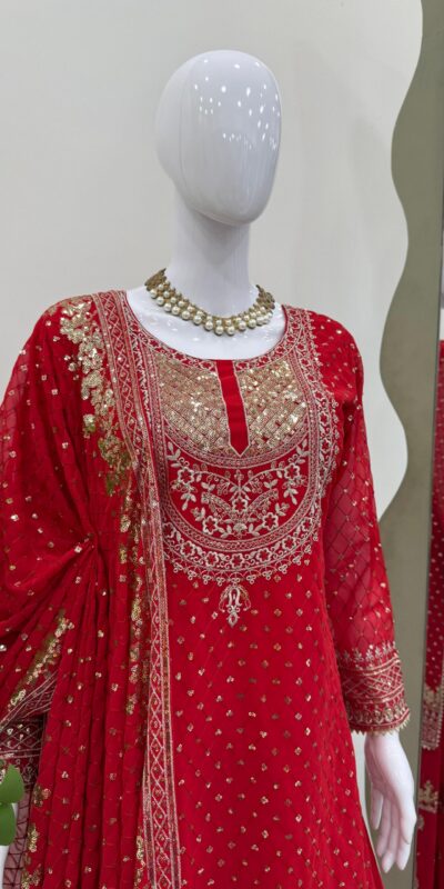 Red Faux Georgette Thread Work Salwar Suit | Jump Suits, Salwar suit, Casual Suits, Creative suits, Designer Suits, Palazzo Suits, Party Wear Suits, Patiala Suits, Straight Suits