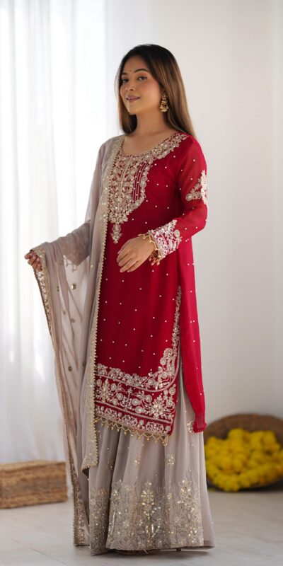 Red Faux Georgette With Moti Work Salwar Suit | Jump Suits, Salwar suit, Casual Suits, Creative suits, Designer Suits, Palazzo Suits, Party Wear Suits, Patiala Suits, Straight Suits