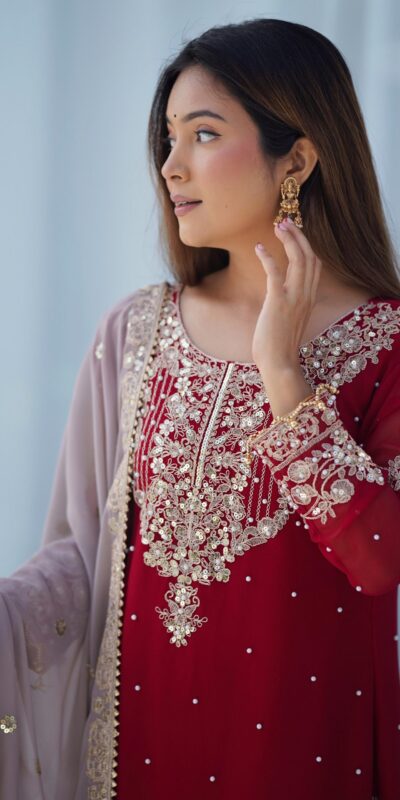 Red Faux Georgette With Moti Work Salwar Suit | Jump Suits, Salwar suit, Casual Suits, Creative suits, Designer Suits, Palazzo Suits, Party Wear Suits, Patiala Suits, Straight Suits