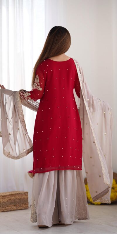 Red Faux Georgette With Moti Work Salwar Suit | Jump Suits, Salwar suit, Casual Suits, Creative suits, Designer Suits, Palazzo Suits, Party Wear Suits, Patiala Suits, Straight Suits