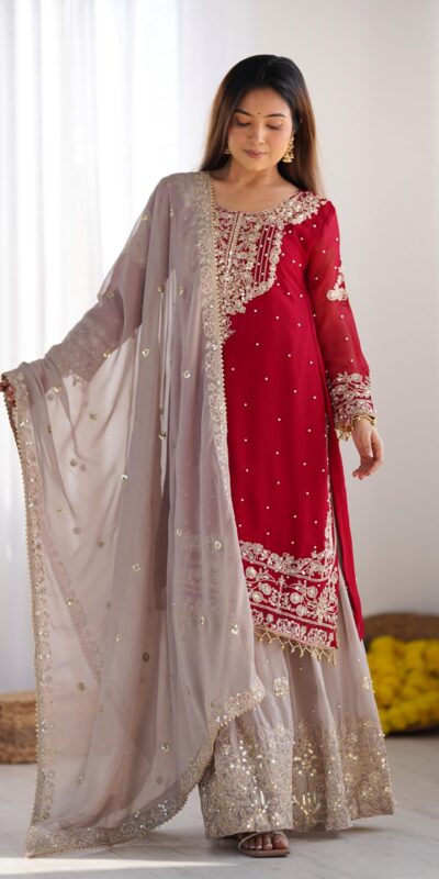 Red Faux Georgette With Moti Work Salwar Suit | Jump Suits, Salwar suit, Casual Suits, Creative suits, Designer Suits, Palazzo Suits, Party Wear Suits, Patiala Suits, Straight Suits