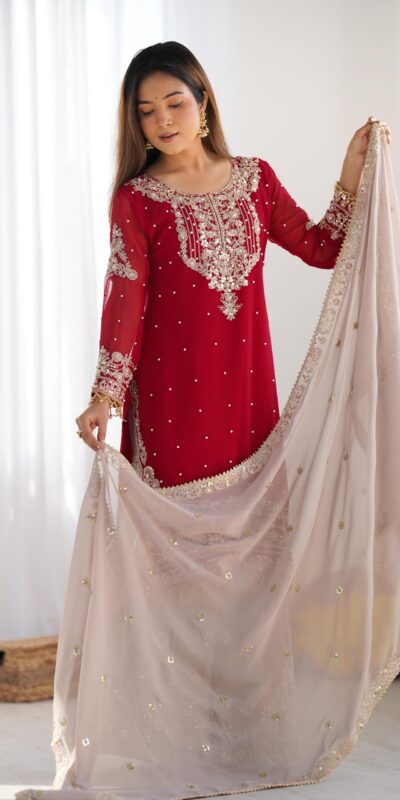 Red Faux Georgette With Moti Work Salwar Suit | Jump Suits, Salwar suit, Casual Suits, Creative suits, Designer Suits, Palazzo Suits, Party Wear Suits, Patiala Suits, Straight Suits