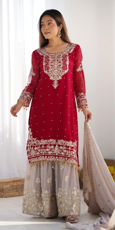 Red Faux Georgette With Moti Work Salwar Suit | Jump Suits, Salwar suit, Casual Suits, Creative suits, Designer Suits, Palazzo Suits, Party Wear Suits, Patiala Suits, Straight Suits