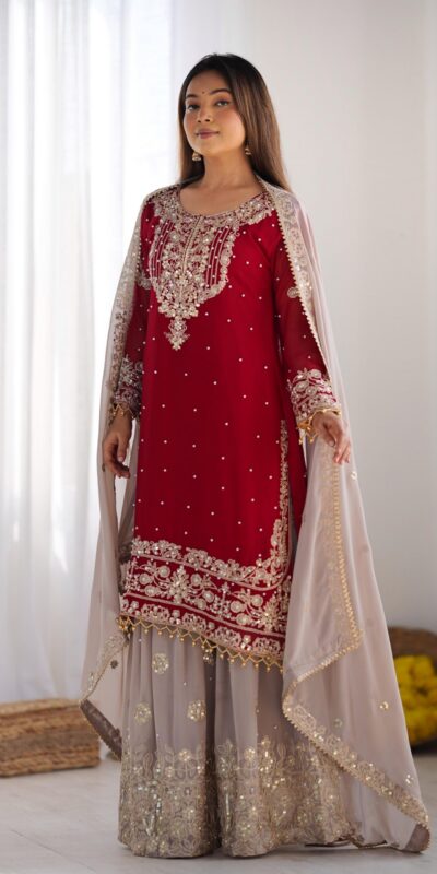 Red Faux Georgette With Moti Work Salwar Suit | Jump Suits, Salwar suit, Casual Suits, Creative suits, Designer Suits, Palazzo Suits, Party Wear Suits, Patiala Suits, Straight Suits