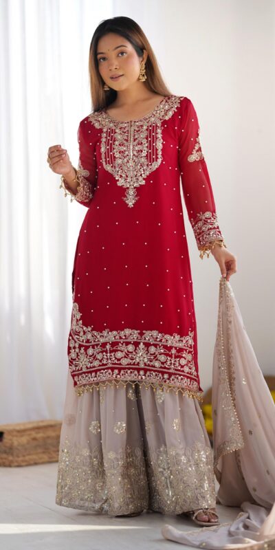 Red Faux Georgette With Moti Work Salwar Suit | Jump Suits, Salwar suit, Casual Suits, Creative suits, Designer Suits, Palazzo Suits, Party Wear Suits, Patiala Suits, Straight Suits