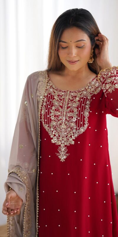 Red Faux Georgette With Moti Work Salwar Suit | Jump Suits, Salwar suit, Casual Suits, Creative suits, Designer Suits, Palazzo Suits, Party Wear Suits, Patiala Suits, Straight Suits
