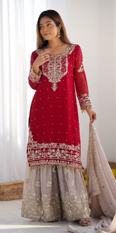 Red Faux Georgette With Moti Work Salwar Suit | Jump Suits, Salwar suit, Casual Suits, Creative suits, Designer Suits, Palazzo Suits, Party Wear Suits, Patiala Suits, Straight Suits