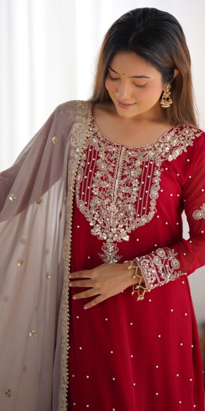 Red Faux Georgette With Moti Work Salwar Suit | Jump Suits, Salwar suit, Casual Suits, Creative suits, Designer Suits, Palazzo Suits, Party Wear Suits, Patiala Suits, Straight Suits