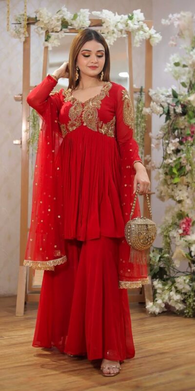 Red Fox Georgette With Sequins Work Salwar Suit | Jump Suits, Tops & Bottoms, Track Suits, Salwar suit, Casual Suits, Creative suits, Designer Suits, Palazzo Suits, Party Wear Suits, Patiala Suits, Straight Suits, Trendy Wear