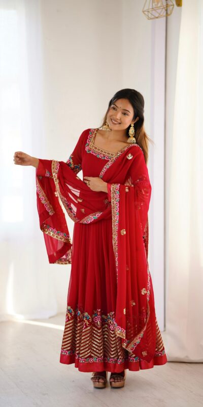 Red Georgette Multi Thread Work Gown | Jump Suits, Salwar suit, Casual Suits, Creative suits, Designer Suits, Palazzo Suits, Party Wear Suits, Patiala Suits, Straight Suits