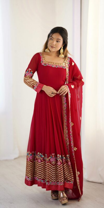Red Georgette Multi Thread Work Gown | Jump Suits, Salwar suit, Casual Suits, Creative suits, Designer Suits, Palazzo Suits, Party Wear Suits, Patiala Suits, Straight Suits