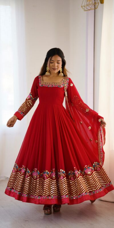 Red Georgette Multi Thread Work Gown | Jump Suits, Salwar suit, Casual Suits, Creative suits, Designer Suits, Palazzo Suits, Party Wear Suits, Patiala Suits, Straight Suits