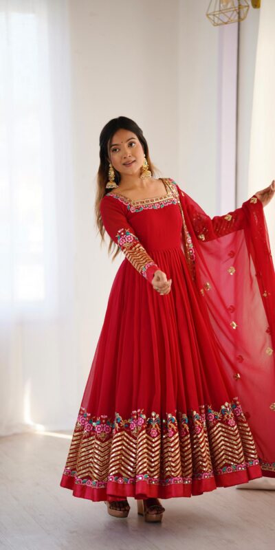 Red Georgette Multi Thread Work Gown | Jump Suits, Salwar suit, Casual Suits, Creative suits, Designer Suits, Palazzo Suits, Party Wear Suits, Patiala Suits, Straight Suits