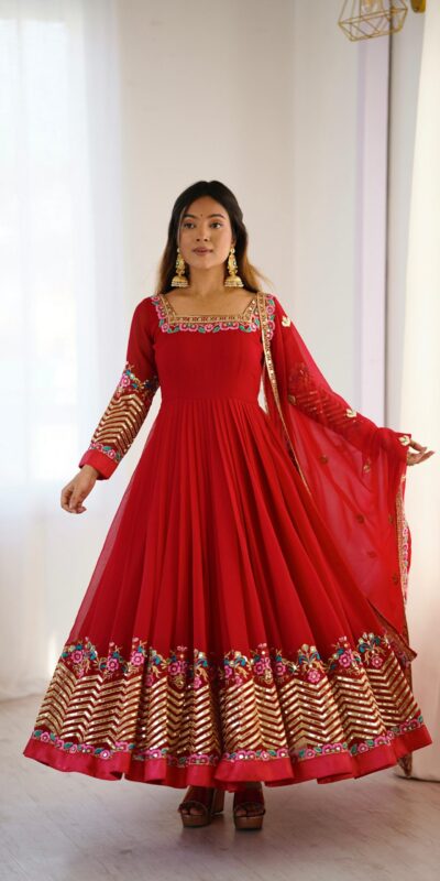 Red Georgette Multi Thread Work Gown | Jump Suits, Salwar suit, Casual Suits, Creative suits, Designer Suits, Palazzo Suits, Party Wear Suits, Patiala Suits, Straight Suits