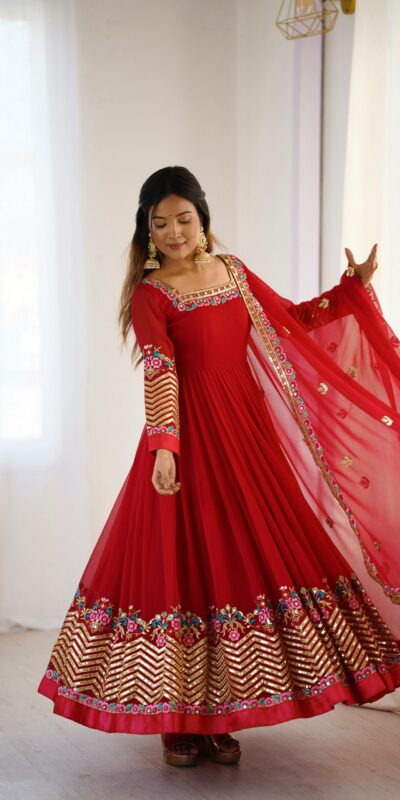 Red Georgette Multi Thread Work Gown | Jump Suits, Salwar suit, Casual Suits, Creative suits, Designer Suits, Palazzo Suits, Party Wear Suits, Patiala Suits, Straight Suits